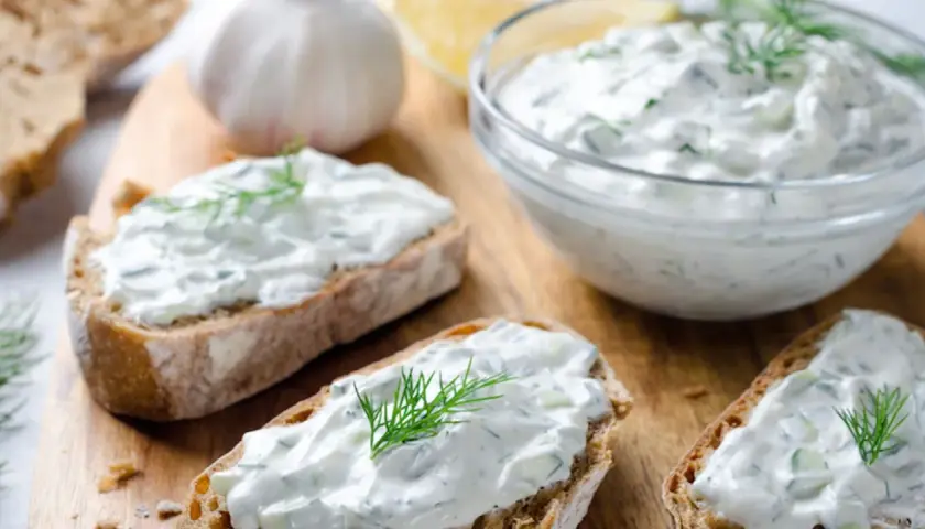Fette di pane con salsa tzatziki, cetrioli, aglio e aneto.