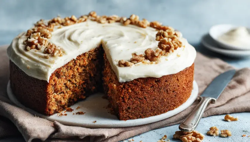 En saftig morotskaka, som Frida bakat, med krämig frosting och valnötter. En bit är bortskuren.