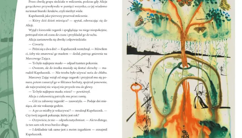 Surrealistyczny obraz z motywami z Alicji w Krainie Czarów: drzewo z motylami, klucz, filiżanki i zegar.