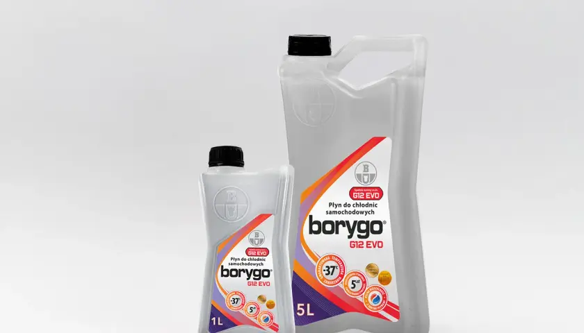 Płyn chłodniczy G12++ borygo EVO w opakowaniach 1L i 5L. Oznacza to ochronę do -37°C i 5 lat gwarancji.