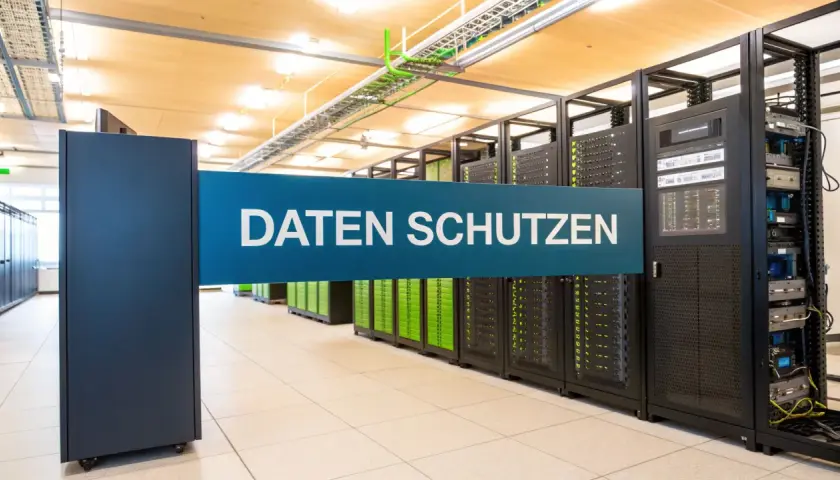 Serverraum mit dem Schild "DATEN SCHÜTZEN". Hier werden wichtige backup konzepte umgesetzt, um Datenverlust zu verhindern.