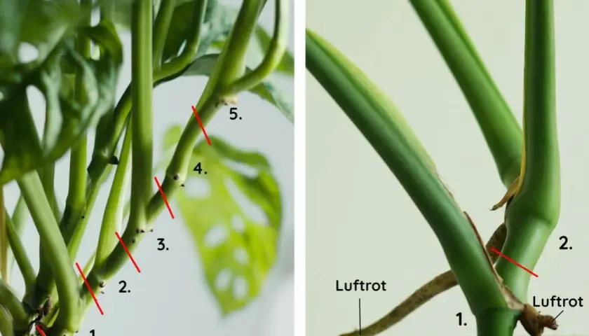 Två bilder visar hur man tar en monstera thai constellation stickling. Röda linjer markerar snitt. Luftrot syns tydligt.