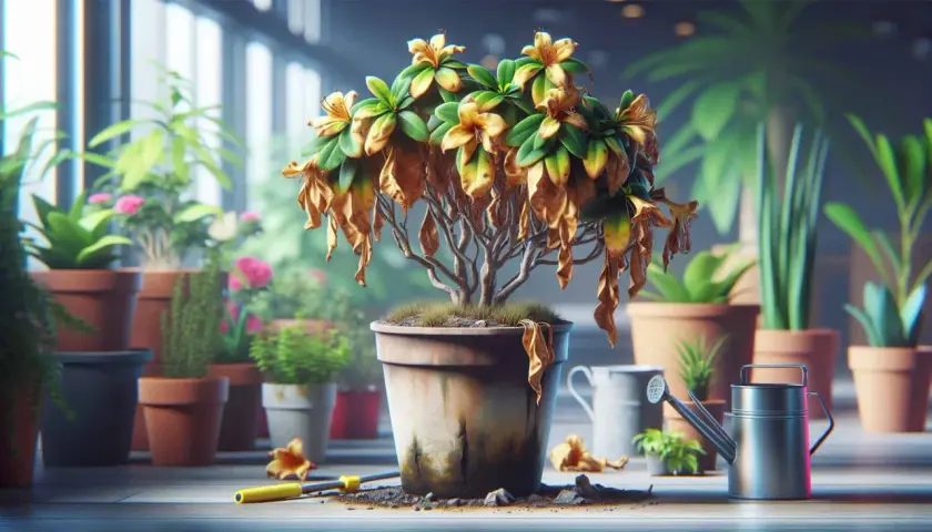 Un arbuste d'azalée aux feuilles sèches et jaunies, dans un pot abîmé, entouré d'autres plantes vertes. Un arrosoir et un outil de jardinage sont à proximité.