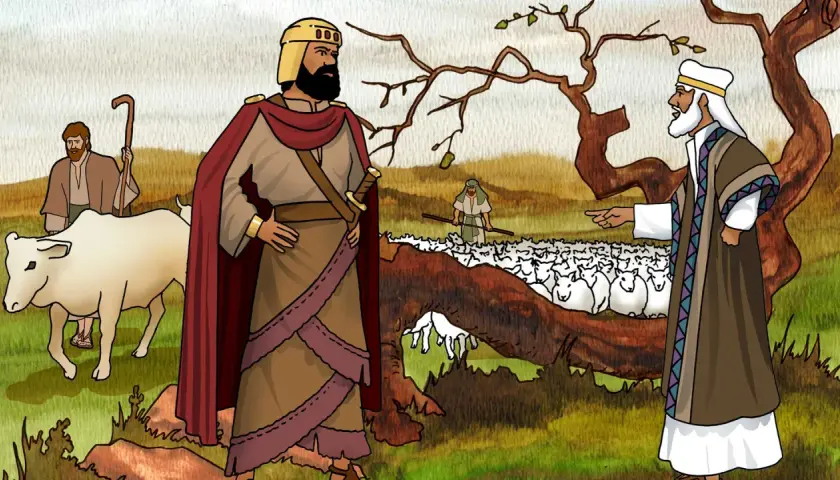 König Saul und ein Prophet sprechen über die Amalekiter. Ein Hirte mit einer Kuh und Schafe im Hintergrund. 1 Samuel 15,3.