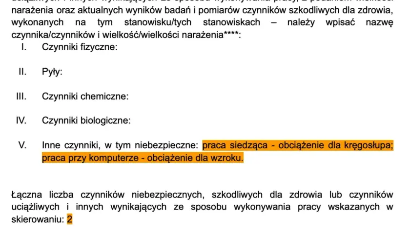 Skierowanie na badania lekarskie: opis czynników pracy, w tym praca siedząca i przy komputerze.