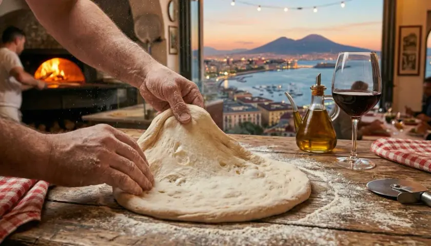 Hände rollen pizzateig aus. Im Hintergrund ein Holzofen, eine Stadtansicht bei Sonnenuntergang und ein Glas Rotwein.