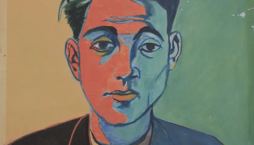Portret mężczyzny w intensywnych barwach, charakterystyczny dla dzieł Andrzeja Wróblewskiego.