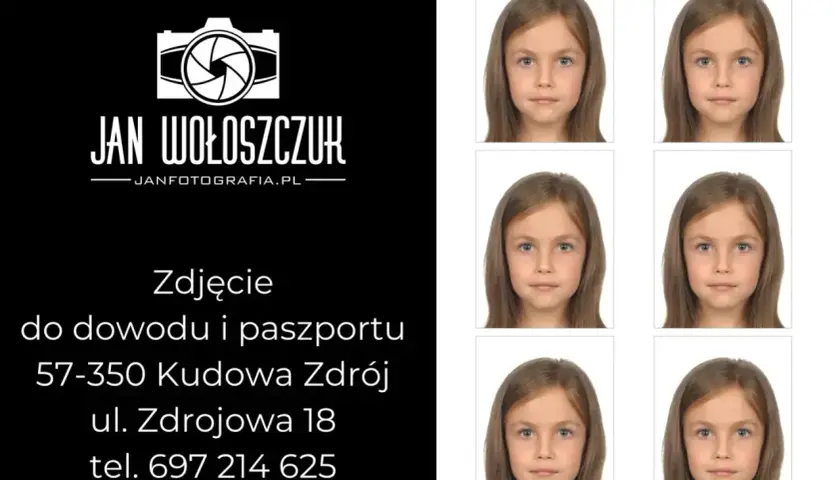 Sześć identycznych zdjęć dziewczynki do dokumentów na białym tle.