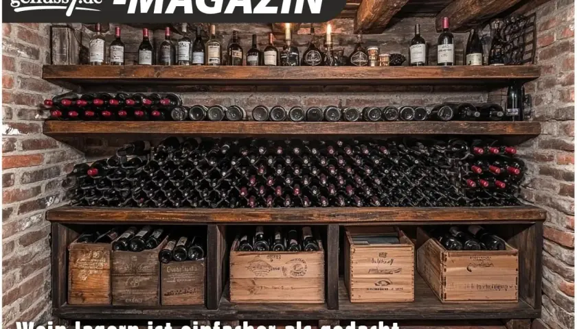 Holzregale mit zahlreichen Weinflaschen und Holzkisten. Die perfekte wein aufbewahrung für Genießer.