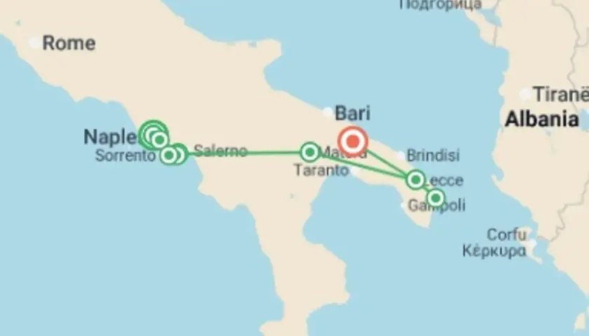 Map showing a route for 10 days in southern Italy, from Naples and Sorrento to Bari, Taranto, Lecce, and Gallipoli.