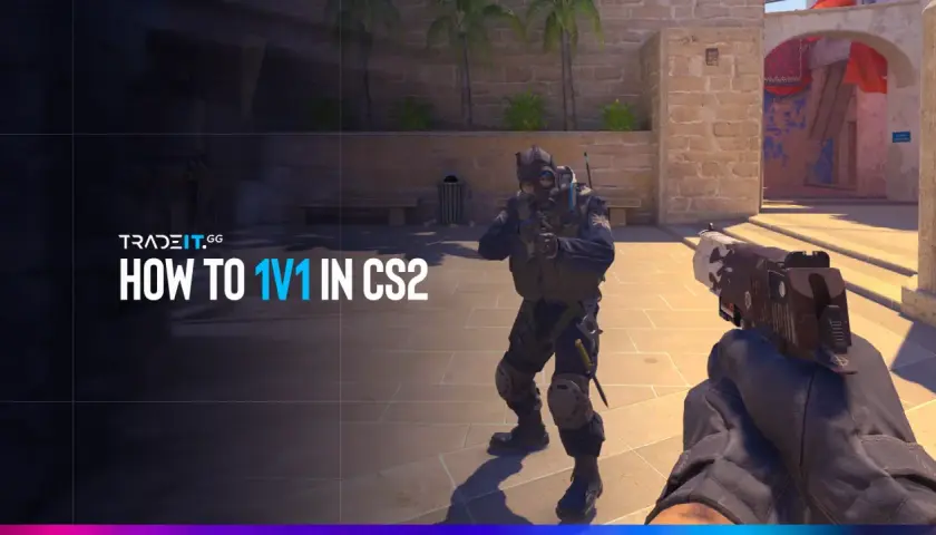 Gracz w CS GO online przygotowuje się do pojedynku 1 na 1. Widok z perspektywy pierwszej osoby na pistolet i przeciwnika w pełnym rynsztunku.