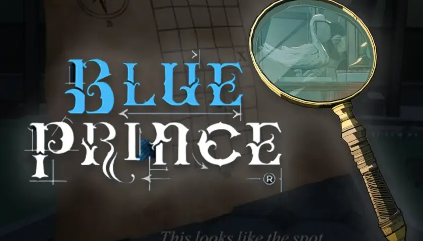 Mapa z napisem "BLUE PRINCE" i szkło powiększające, przez które widać łabędzia.
