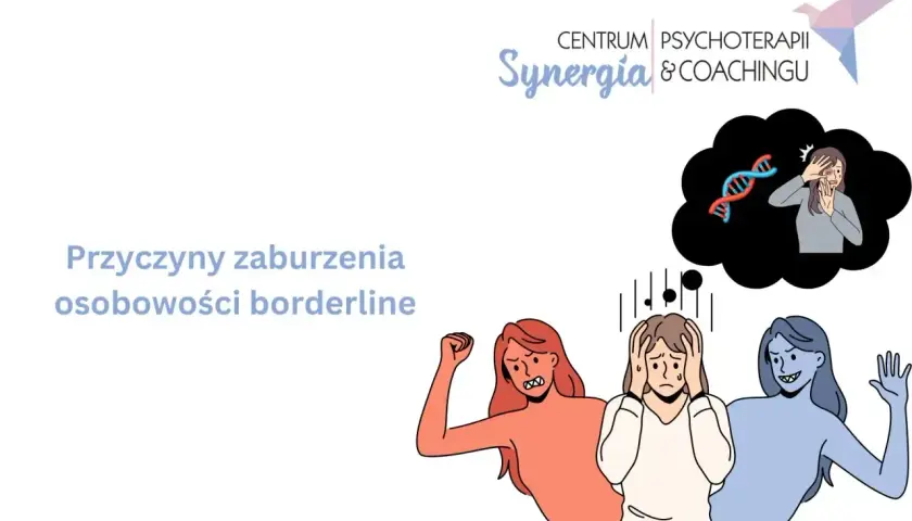 Ilustracja przedstawia trzy kobiety symbolizujące zmienne nastroje i emocje, a także myśl o DNA, sugerując przyczyny zaburzenia osobowości borderline.