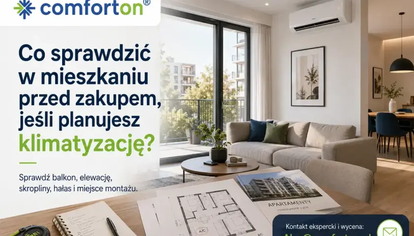 Nowoczesny blok mieszkalny z klimatyzacją. Na pierwszym planie plany mieszkania, notatnik i miarka.