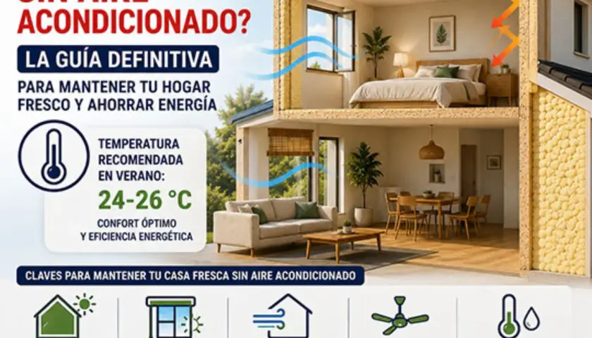 Guía para mantener tu casa fresca en verano sin aire acondicionado. Temperatura recomendada: 24-26°C. Consejos: aislamiento, protección solar, ventilación cruzada, ventiladores y control de humedad.