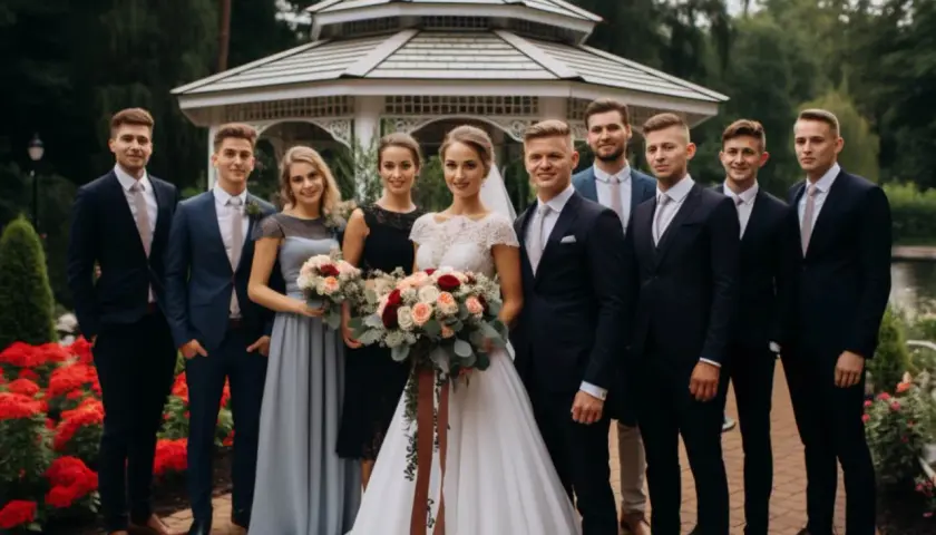 Agnieszka Gołaś wyszła za mąż! Para młoda z drużbami i druhnami pozuje do zdjęcia na tle altany.