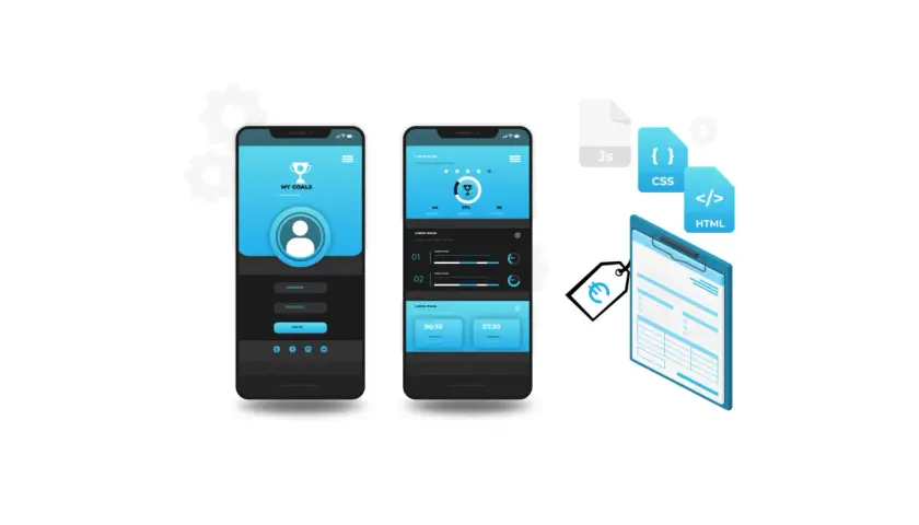 Deux maquettes d'applications mobiles bleues et noires, avec des icônes de code (JS, CSS, HTML) et un presse-papiers, illustrant le processus pour coder une application mobile.
