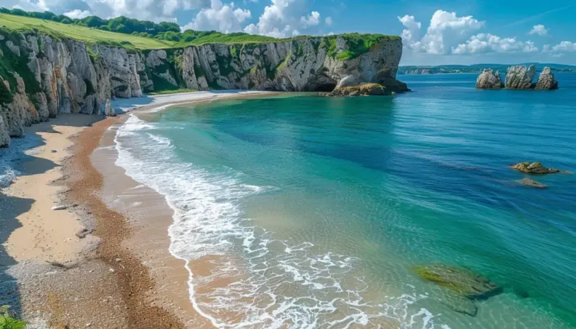 Plage de galets et falaises verdoyantes sous un ciel bleu avec des nuages blancs. Mer turquoise.
