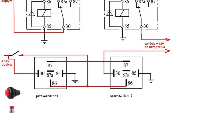 Schemat instalacji elektrycznej z przekaźnikami, podobny do tego w Skoda Octavia 2, z opisem bezpieczników i podłączeń.