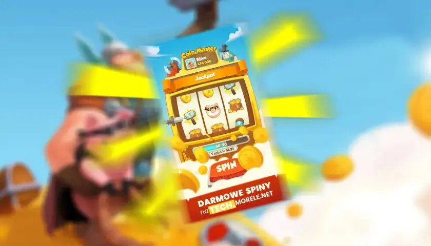 Gra Coin Master z automatem do gry i napisem "DARMOWE SPINY". Zdobądź swoje darmowe spiny!