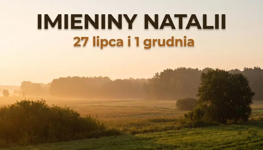 Imieniny Natalii 27 lipca i 1 grudnia. Słoneczny poranek nad łąką, mgła otula drzewa.