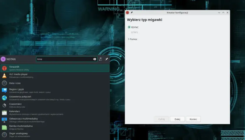 Okno "Kreator konfiguracji" z opcją wyboru typu migawki (RSYNC, BTRFS) i menu systemowym po lewej.