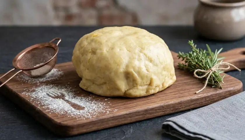 Impasto per pasta matta ricetta, pronto per essere steso. Farina sparsa e un rametto di rosmarino completano la scena.