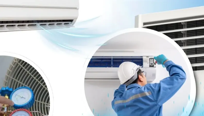 Technik naprawia klimatyzację, słychać ciche syczenie z klimatyzacji. Widać manometry i wentylator.