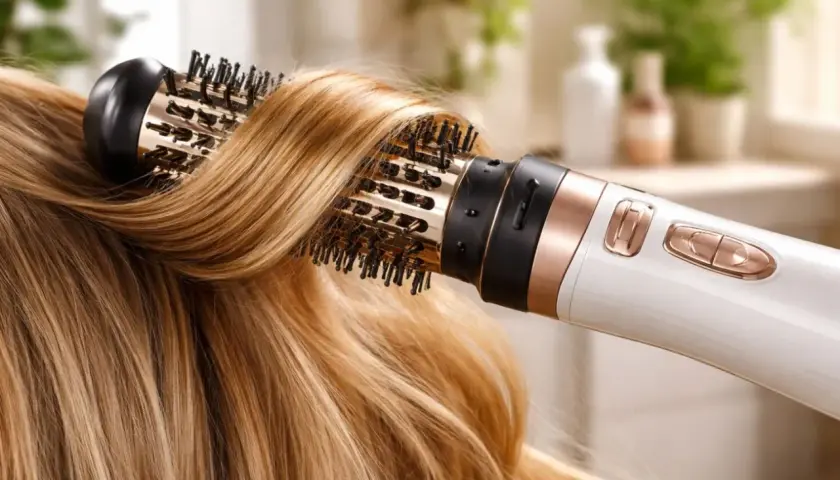 Suszarko-lokówka stylizuje blond włosy, tworząc efekt salonowy.