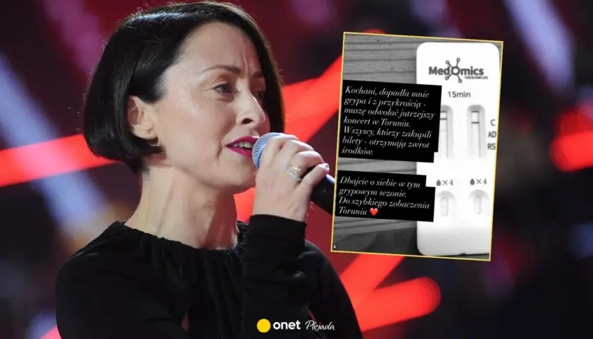 Natalia Przybysz odwołała koncert w Toruniu z powodu grypy. Na zdjęciu wokalistka z mikrofonem i testem medycznym.