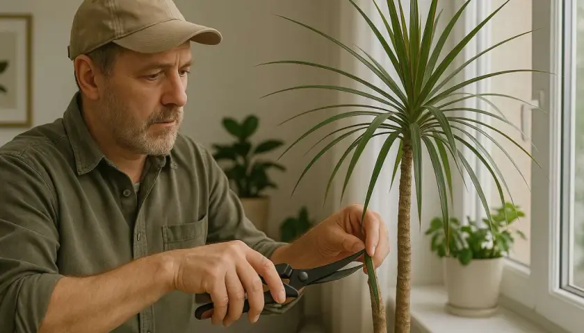 Mann mit Kappe schneidet mit Schere einen Drachenbaum. Er pflegt seine Zimmerpflanzen sorgfältig.