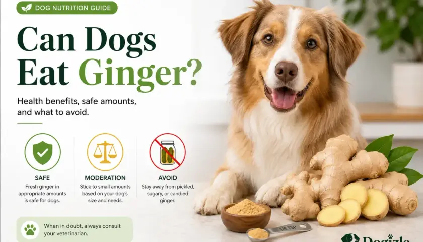 A dog nutrition guide asks "Can Dogs Eat Ginger?" showing a happy dog, fresh ginger, and advice on safe amounts and what to avoid.
