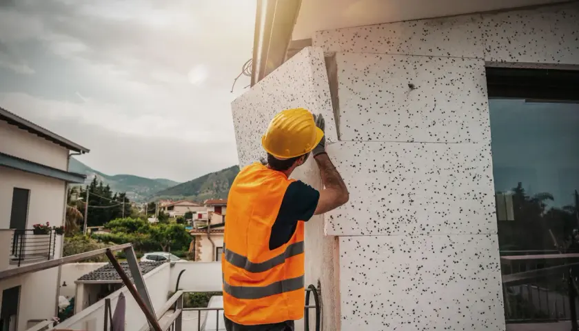 Operaio con casco giallo applica pannelli isolanti per il mini cappotto esterno di un edificio.