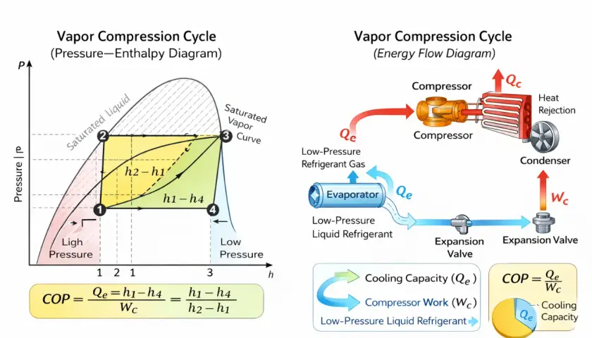 Diagrama del ciclo de compresión de vapor, mostrando el diagrama P-H y el flujo de energía. Incluye la fórmula del COP de refrigeración.