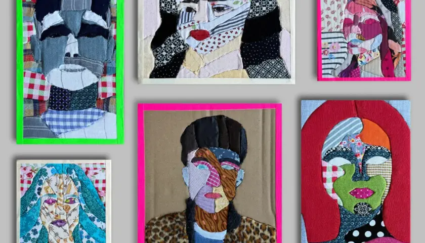 Sechs Patchwork-Porträts, inspiriert von digitalen Kunstideen, zeigen Gesichter aus Stoffresten.