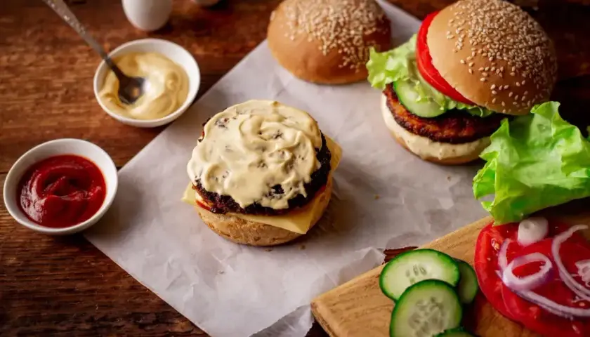Pyszne hamburgery w trakcie przygotowania. Na stole sosy, bułki i świeże ogórki do hamburgerów.