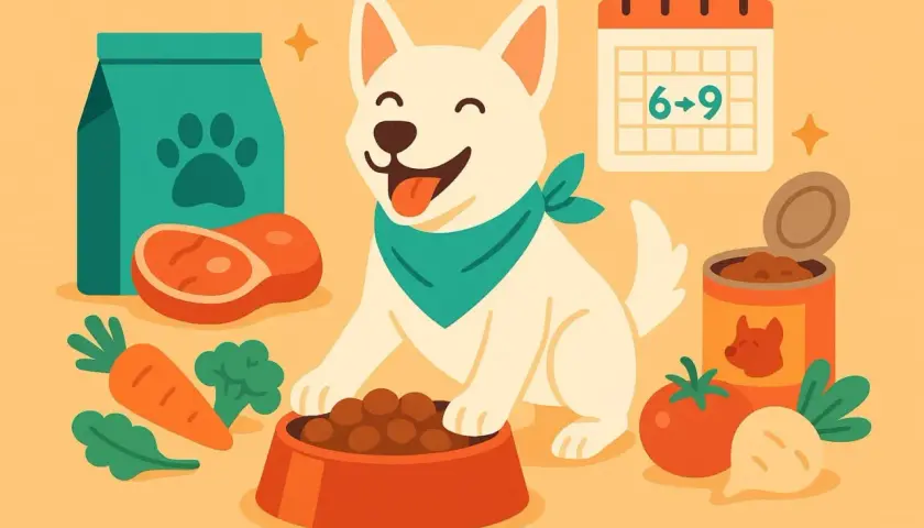 Glücklicher Hund mit Futter, Kalender und Zutaten. Die Futterumstellung Hund wird hier bildlich dargestellt.