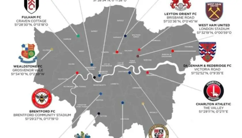 Mapa Londynu z zaznaczonymi klubami piłkarskimi. Od Fulham po Charlton, poznaj lokalizację znanych klubów z Londynu.