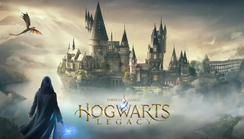 Magiczny zamek Hogwart, smok i postać z różdżką. To zapowiedź gry Hogwarts Legacy, idealna do poradnika.