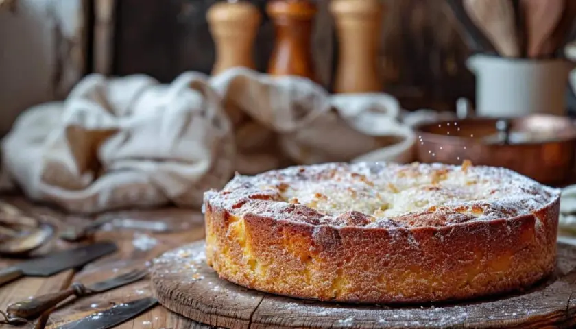 Un délicieux gâteau breton, saupoudré de sucre glace, repose sur une planche en bois. Des couverts anciens sont disposés à côté.