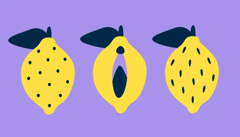 Tre gula citroner mot lila bakgrund. En citron är delad och liknar ett kvinnligt könsorgan, vilket kan ge en känsla av att det luktar illa i underlivet genom byxorna.