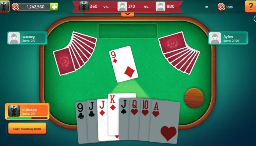 Gra w tysiaca: na stole karta 9 karo, gracze mają karty 9, J, J, K, J, Q, 10, A.