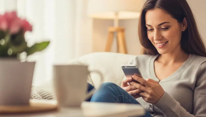 Uśmiechnięta kobieta na kanapie przegląda telefon, szukając sposobu, jak kogoś rozśmieszyć do łez.