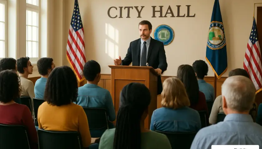 A man speaks at a podium in a City Hall, addressing an audience. This scene depicts one of many federal government conferences.