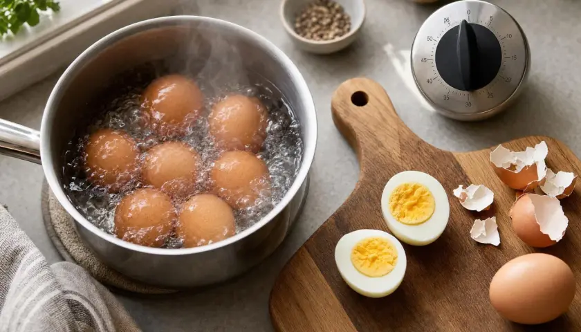 Des œufs à la coque parfaits mijotent dans une casserole d'eau bouillante. Sur une planche à découper, deux œufs coupés révèlent un jaune coulant, prêts à être dégustés.