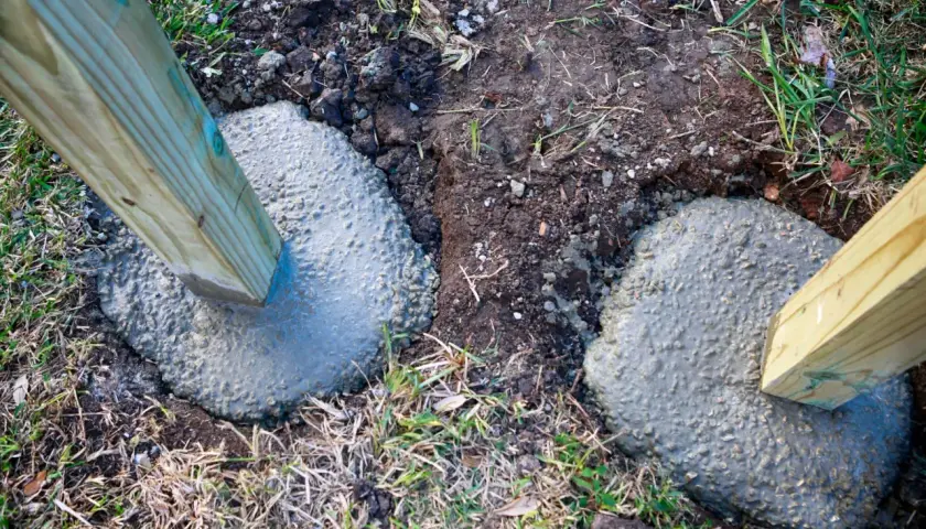 Zwei Holzpfosten werden gerade in frisch gegossenen Beton gesetzt, um sie sicher zu verankern. Das Einbetonieren von Zaunpfosten sorgt für Stabilität.