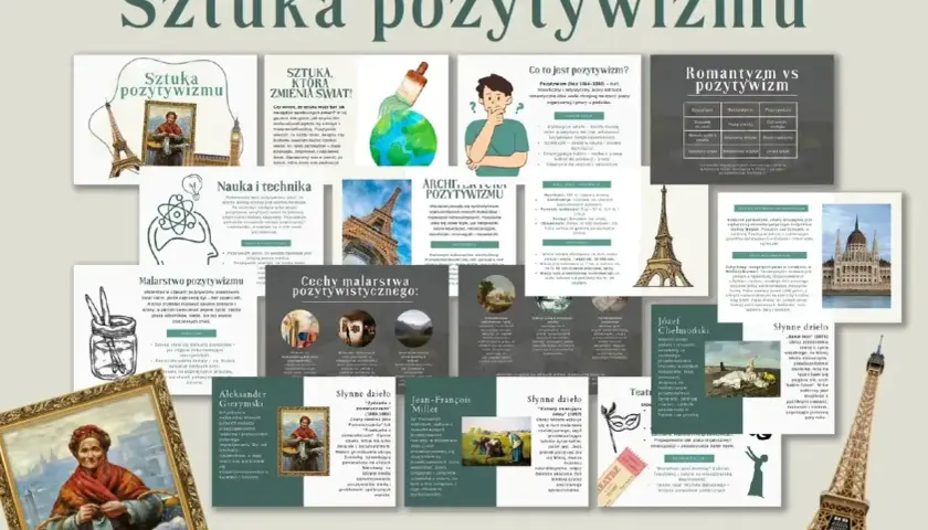 Karty PDF o sztuce pozytywizmu. Definicja pracy organicznej, cechy malarstwa, architektura i nauka.