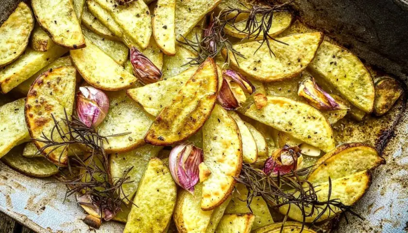 Patatas rústicas asadas con ajo y romero, doradas y crujientes en una bandeja.