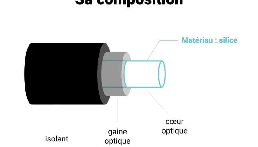 Illustration de la composition fibre optique : isolant noir, gaine optique grise, et cœur en silice.