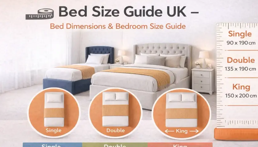 UK bed size guide shows single, double, and king beds. A king bed is 150 x 200 cm, indicating what size bench for king bed.